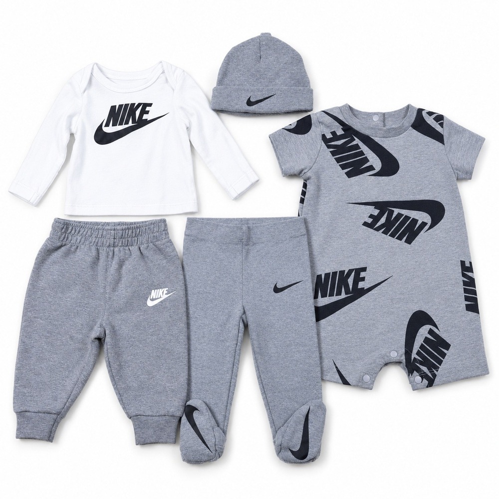 Nike Baby Clothes Bundle 5 Piece Lot Newborn 3M Gray White Romper Pants Hat